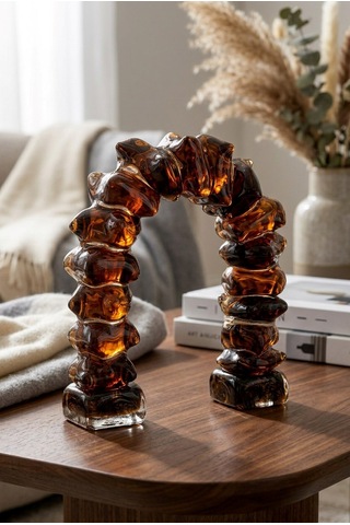 22 Cm Kristal Obje - El Yapımı Modern Organik Kemer Cam Dekoratif Heykel Koyu Kehribar