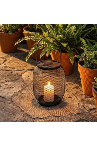 Deconox Ferforje Siyah Metal Fener Mumluk - 32 Cm Kulplu Büyük Boy - Dekoratif Masa Ve Bahçe Aydınlatma Kafesi 15x20 Cm 21x10 Cm