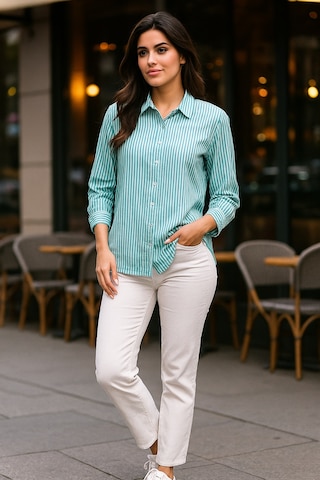 Kadın Çizgili Oversize Gömlek Mint Yeşili Beyaz Pamuk Gömlek Mint Yeşili