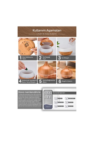 Oda Hava Nemlendirici - 7 Renk Led Işıklı Buhar Makinesi Aroma Difüzörü Humidifier Açık Kahve
