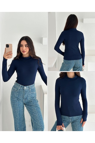 Kadın Yarım Balıkçı Yaka Parmak Geçmeli Full Likralı Buzz Body Lacivert