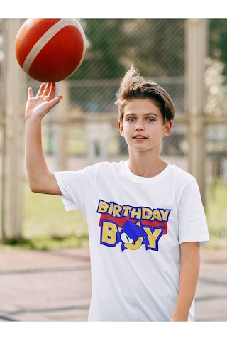 Sevbano Doğum Günü Sonic Baskılı Unisex Çizgi Film Çocuk Tişört 1-12 Yaş Beyaz