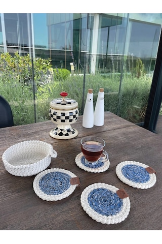 4 Adet Yuvarlak Dekoratif Bardak Altlığı Seti - Yuvarlak , Leke Tutmaz - Beyaz-mavi 13x13 Cm Beyaz - Mavi