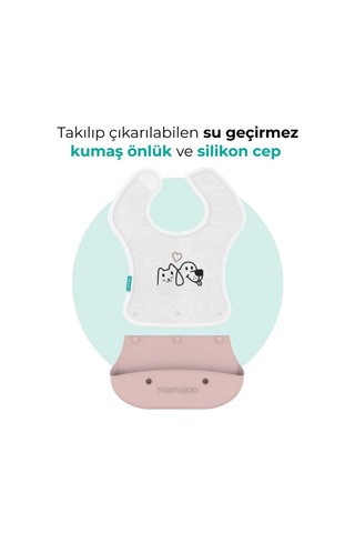 Mamajoo Silikon & Kumaş Katlanır Mama Önlüğü | 2-in-1 Powder Pink + Kumaş Önlük