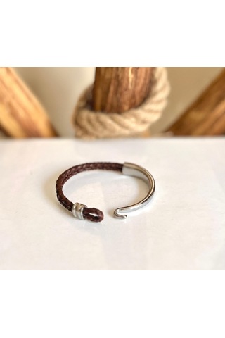 %100 Deri&krom Kombin Kahve Erkek Bileklik Net 22cm Türk Üretim Kahverengi