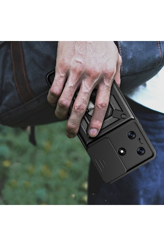 Tecno Spark 10c Kılıf Sürgülü Kamera Koruyucu Manyetik Standlı Tank Koruma Pazarplus Siyah