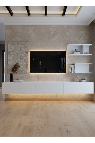 Resital Ledli Duvara Monte Tv Sehpası - Beyaz - W6012-1 Beyaz