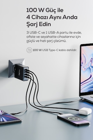 Hızlı Şarj Adaptörü 100w Gan + Type-c Kablo 100w Pd 4 Port, İphone & Samsung Uyumlu V0102015