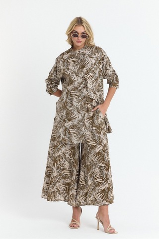 Schık Kadın Viskon Rahat Bol Paça Truvakar Kol Önü Düğmeli Baskılı Takım Kahverengi