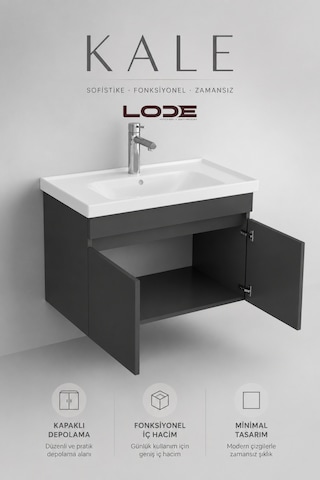 Lode Bath Kale Antrasit Demonte Lavabolu Alt Banyo Dolabı, Seramik Lavabo Dahil 80 Cm