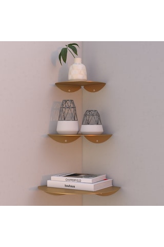 Oval Metal 3'lü Duvar Köşe Rafı Modern Dekoratif Raf Seti Gold
