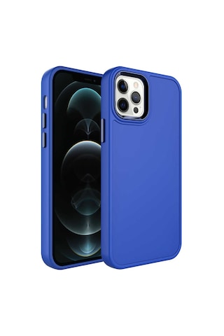 Goocamp Apple iPhone 12 Pro Max Uyumlu Metal Çerçeve Ve Buton Tasarımlı Sert Botox Kılıf-s Saks Mavi