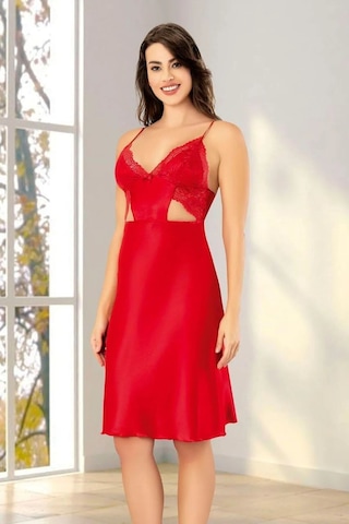 Faal 2620 Kadın Dantel Detaylı Saten İp Askılı Midi Gecelik Sabahlık Takım-kırmızı Kırmızı