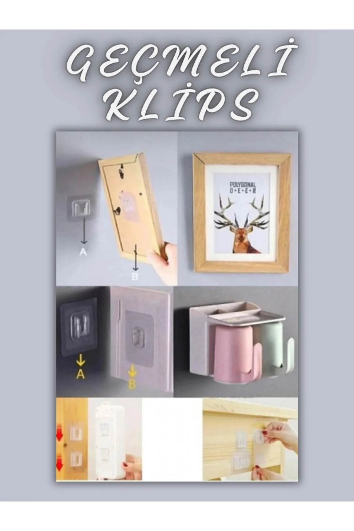 6 Lı Set Çift Taraflı Yapışkanlı Geçmeli Klips Eşya Sabitleme, Tablo, Ayna Ve Resim Askısı Şeffaf