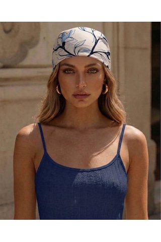 Trend Dokunuş Kadın 70-70 Saten Zambak Desenli Fular Bandana Mavi - Beyaz