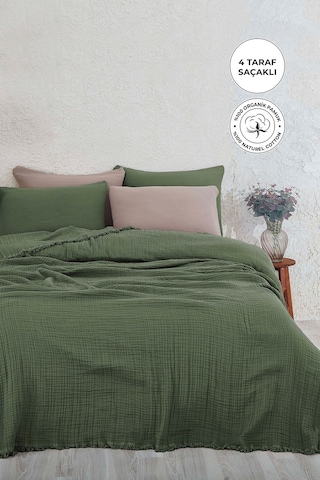 %100 Pamuk Çift Kişilik Müslin Yatak Örtüsü 4 Katlı Yumuşak Battaniye Müslin Pike Takımı 3 Parça Yeşil Yeşil
