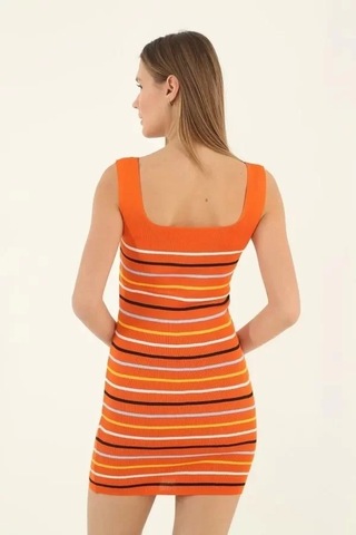 Kadın Kare Yaka Midi Boy Likralı Polelit Elbise - Turuncu Turuncu