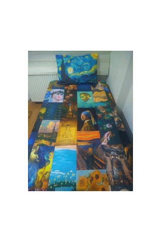 Van Gogh Sanat Eserleri Tasarım Tek Kişilik Yatak Örtüsü Ve Yastık Kılıfı Mavi Sarı Lacivert