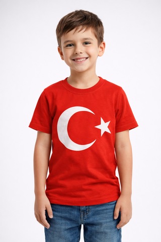 Uğur Bebe Mco Marka Kırmızı Türk Bayraklı Kısa Kollu Çocuk Tişört %100 Pamuk Rahat Kalıp Kırmızı Kırmızı