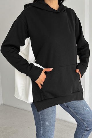 Femelle Kadın Siyah Standart Beden Oversize Kalıp Cepli Tasarım Sweatshirt
