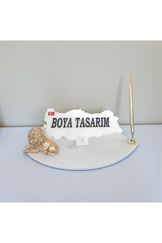 Doğal Beyaz Mermer Masa Ofis İsimlik Kalem Ve Aslanlı