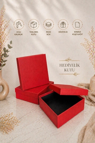Kolix Kırmızı Düz Hediye Kutusu 2'li Sert Hediyelik Kutu Hediye Paketi 19x19x8 Cm