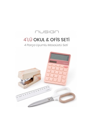 Nusign Hesap Makinesi &zımba & Makas Kırtasiye Seti - Pembe