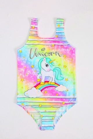 Papiş Şık Kız Çocuk Mayo Unicorn Gökkuşağı Desenli Rahat Hızlı Kuruyan Mayo Deniz Havuz Plaj Mayosu Karışık