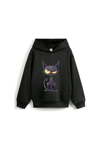 Stil X Sevimli Kediler Baskılı Kapüşonlu Çocuk Sweatshırt Siyah-5