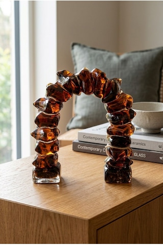 22 Cm Kristal Obje - El Yapımı Modern Organik Kemer Cam Dekoratif Heykel Koyu Kehribar