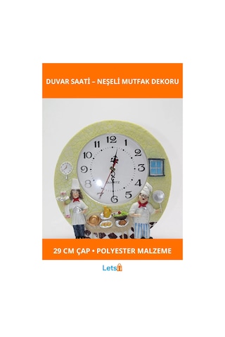 Aşçı Temalı Eğlenceli 29 Cm Polyester Duvar Saati Çok Renkli