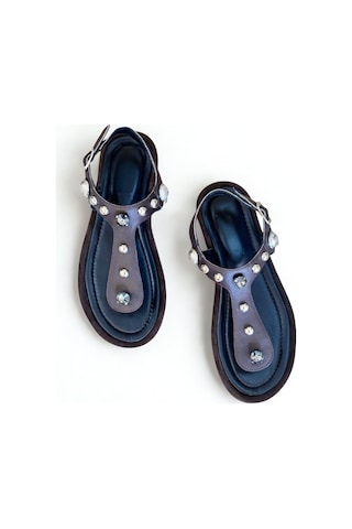 Ne&ve Shoes Kahve Hakiki Deri Kadın Parmak Arası Taşlı Sandalet Kahverengi