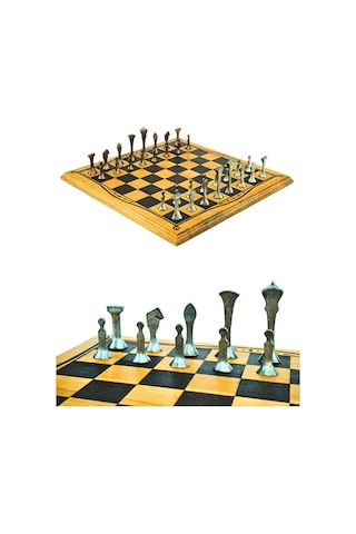 Mc46 Büyük Boy Metal Satranç Takımı 37x37cm Doğal Ahşap Kayın Tahta El Yapımı Antik Metal Taşlar