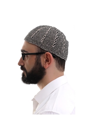 Kışlık Çift Renk Kadife Namaz Takkesi Siyah - Taş Rengi