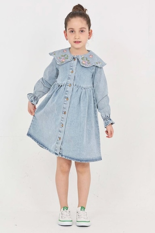 Kız Çocuk Yaka Detaylı Ve Boydan Düğmeli Jean Elbise 12339 Açık Mavi