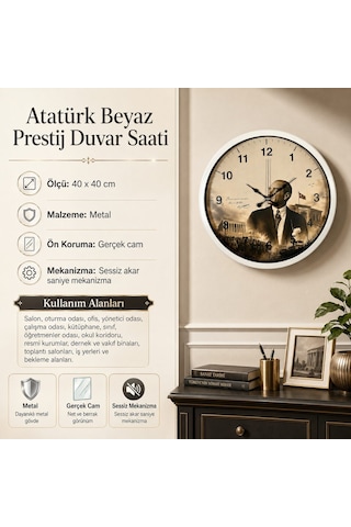 Atatürk Beyaz Prestij 40 X 40 Cm Metal Duvar Saati