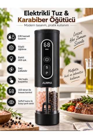 Filizshop Auhma Ahb-15 Akıllı Led Ekranlı Şarjlı Otomatik Tuz Karabiber Öğütücü 3 Hız Ayarlı Seramik Bıçaklı Gümüş - Siyah