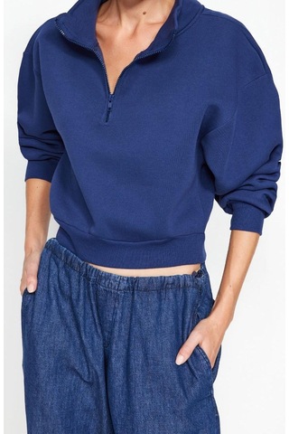 Ersefa Fitted Fermuarlı Yaka Crop Rahat Kesim Crop Basic Fermuarlı Kalın Lacivert