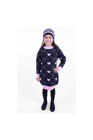 Xo Kids Kız Çocuk Şapkalı Çoraplı Kalıp Desenli Yuvarlak Yakalı Yünlü Elbise 3-7 Yaş 2316 Siyah