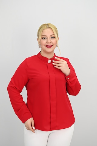 Kadın Büyük Beden Hakim Yaka Taş Broş Detaylı Bluz 0034-25 Siyah