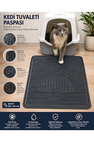Kedi Kumu Paspası 60x42 Havuzlu Kaymaz Yıkanabilir Kedi Tuvalet Altlığı Döküntü Önleyici Mat
