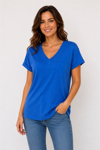 Lyvean V Yaka Cepli Oversize Tshırt Saks Mavi