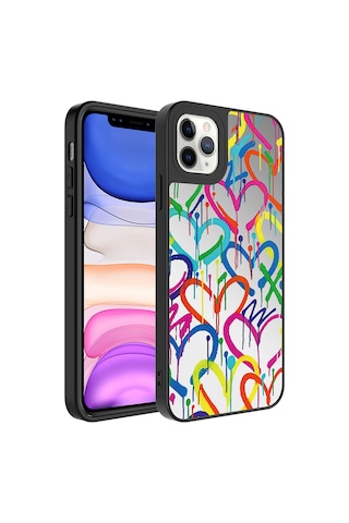Apple Uyumlu iPhone 11 Pro Max Uyumlu Aynalı Desenli Kamera Korumalı Parlak Zore Mirror Kılıf-kalp Kalp -