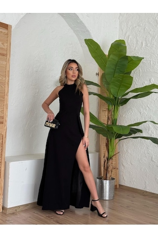 Efnaz Style Kadın Halter Yaka Derin Yırtmaç Detaylı Tam Boy Ithal Krep Abiye Elbise Siyah