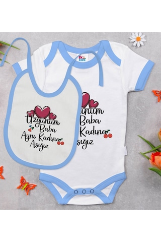 Bk Kids Aynı Kadına Aşığız Tasarımlı Mavi Bebek Body Zıbın Ve Mama Önlüğü Hediye Seti-1 Çok Renkli