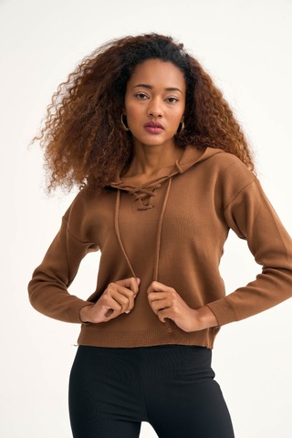 Sateen Kapüşonlu Triko Kazak - Kahve-130109 Kahve