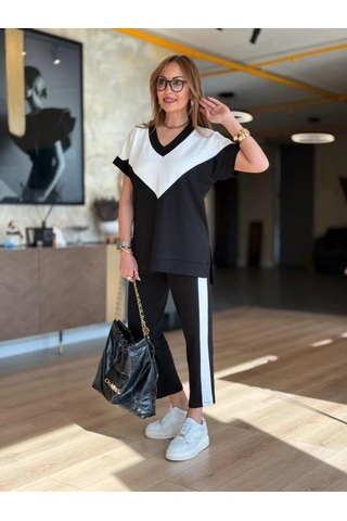 Modaserdem Kadın Kısa Kollu V Yaka Siyah Beyaz Renkli Viskon Iki Iplik Kumaş Eşofman Takımı Siyah