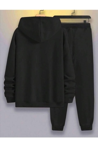 Hırsch Siyah Erkek Oversize Basic Kapüşonlu Lastikli Beast Moda Baskılı Pamuklu Eşofman Takımı Siyah