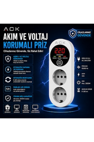 Ack Akım Ve Voltaj Korumalı Priz Çift Prizli Led Ekranlı 15 A 3000w Güç Kapasiteli Aşırı Ve Düşük Voltaj Koruması 0