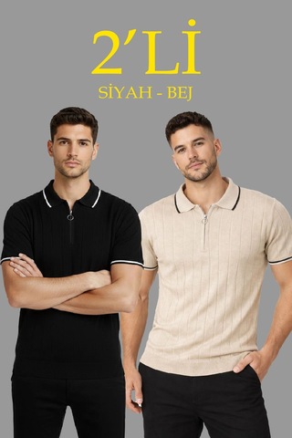 Barlashive Erkek Triko Tişört Fermuarlı Polo Yakal Yazlık Kısa Kol T-shirt 2 Li Set Bej-siyah Çok Renkli